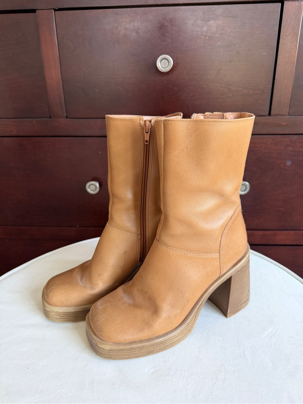 Steve Madden Cognac Platform Block Heel Ankle Boots - Picture 2 of 4